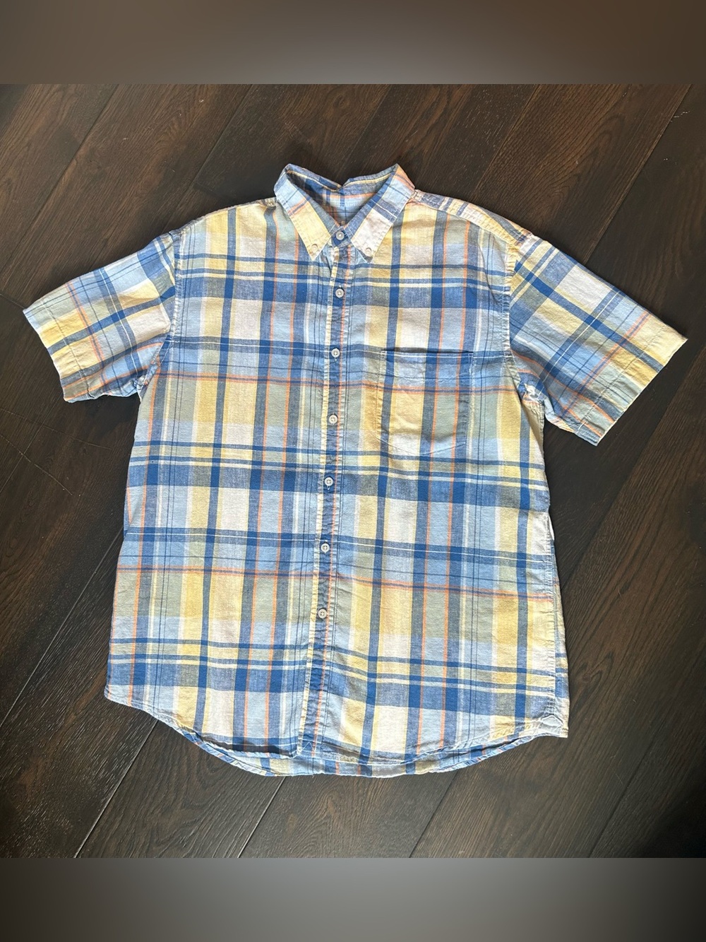 Club Room Blue Yellow Linen Blend Plaid Button Down Shirt Men’s Large